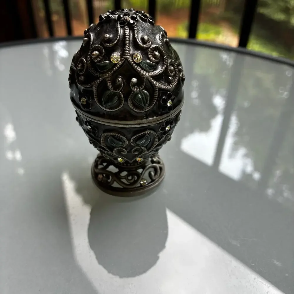 Vintage Jeweled Egg Trinket Box Hinged Pewter Rhinestone Decorative Keepsake